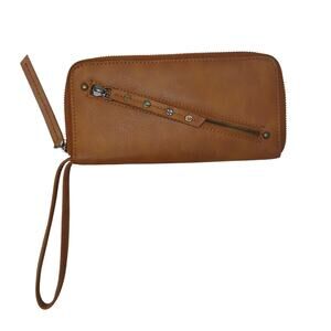 Free People Vegan Leather Wristlet Strap Zip Closure Clutch Wallet Boho Brown